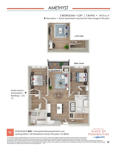 Floor plan for 2 beds, 2 baths, 1415 sqft